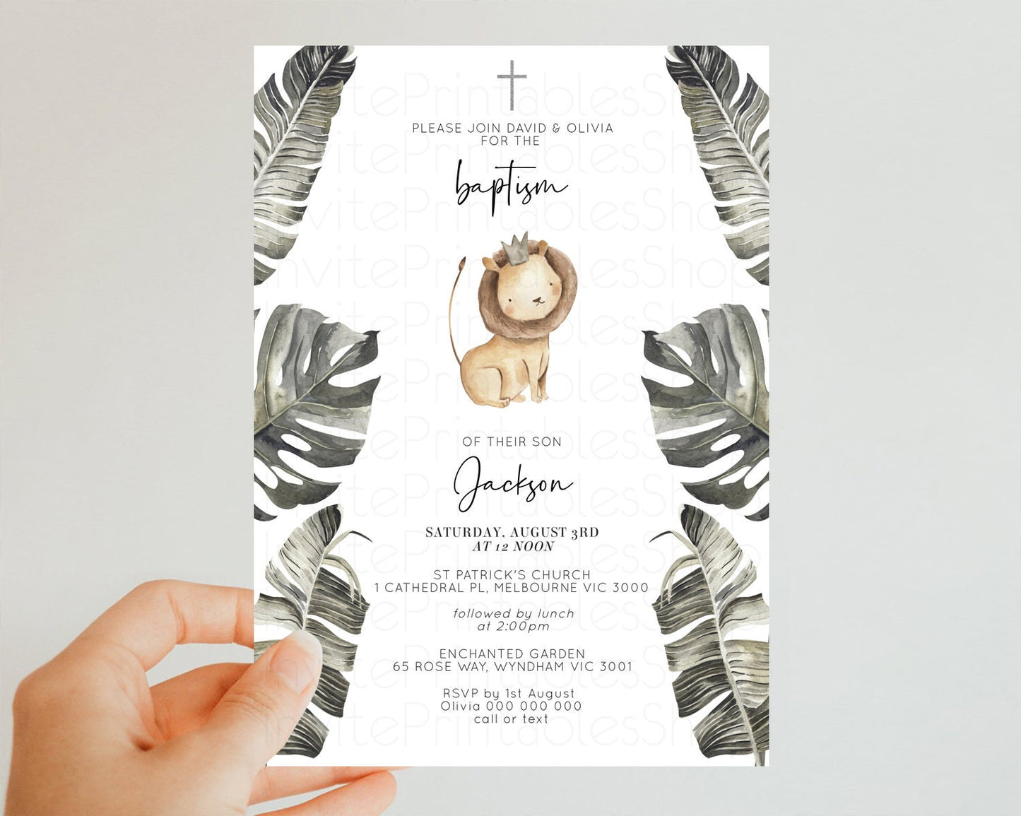 Cute Lion Baptism Invitation Baby Lion Cub Christening Invitation Watercolor Safari Jungle Baby Lion Palm Leaf Holy Communion 584