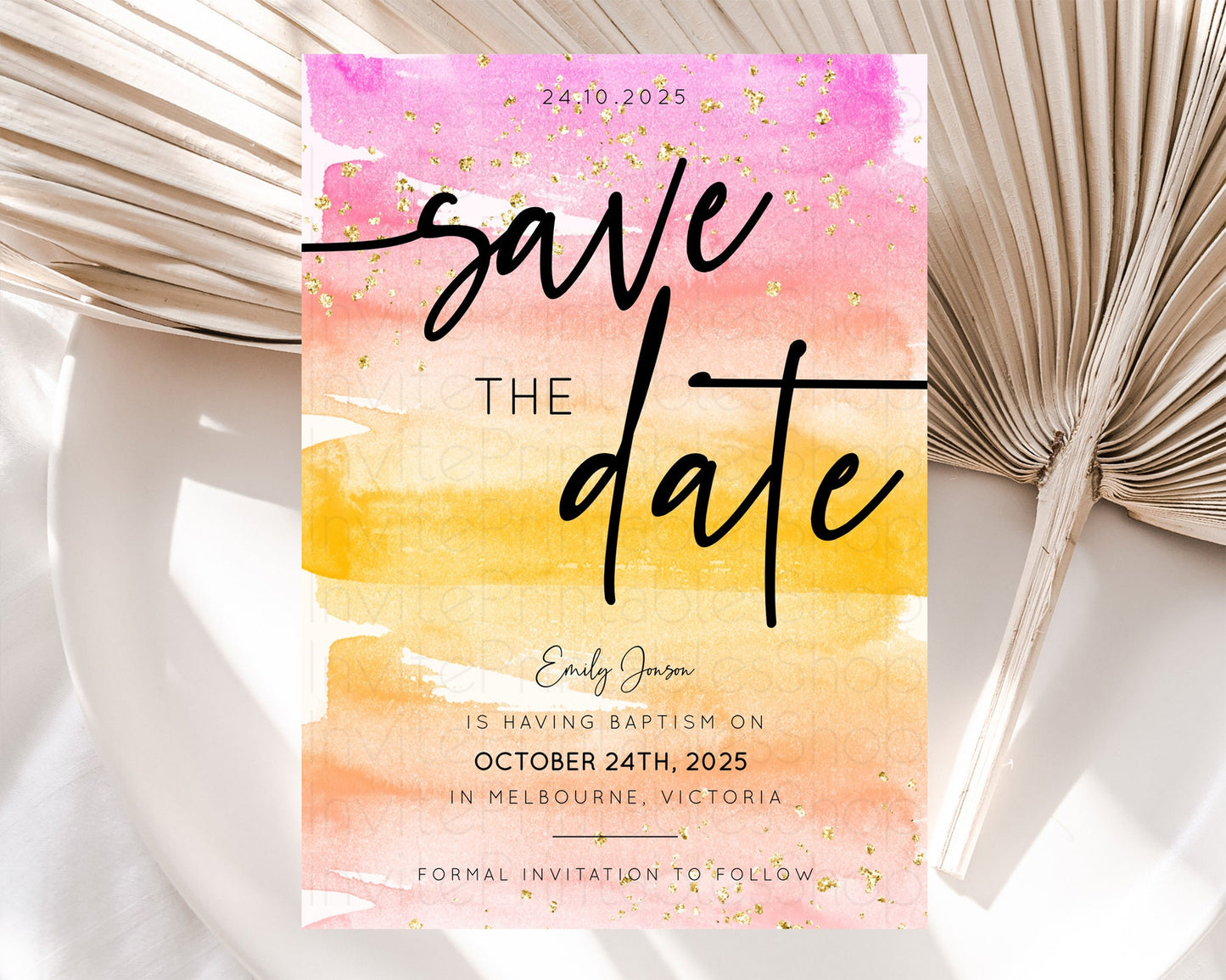 Pastel Save The Date Template Pastel Ombre Rainbow Watercolor Colorful Party For Birthday Baptism Baby Shower Wedding Bridal Shower D10520