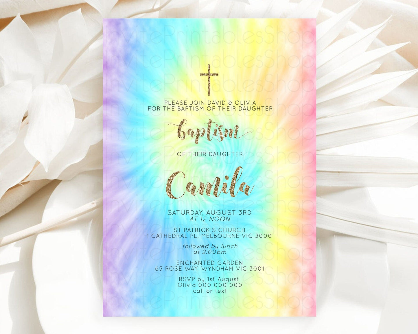 Tie Dye Baptism Invitation Rainbow Baptism 1st Birthday Invitation Pastel Ombre Colorful Christening Invitation Holy Communion D10580
