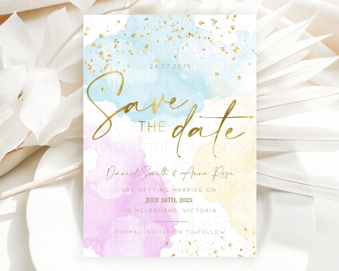 Pastel Save The Date Template Pastel Ombre Rainbow Watercolor Colorful Party For Birthday Baptism Baby Shower Wedding Bridal Shower D10204