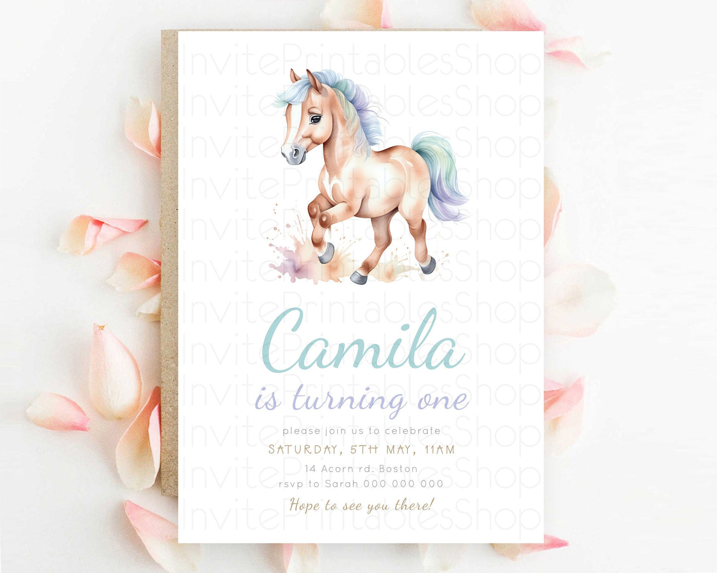 Horse Birthday Invitation, Galloping Wildflower Fields, Pastel Flowers, Butterflies, Flowers Accents for Equestrian & Cowgirls d23377