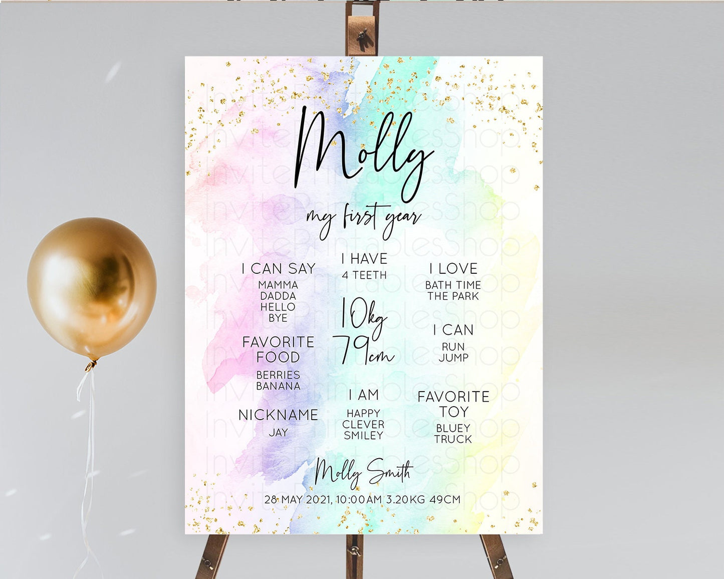 Pastel First Birthday Milestone Board Pastel Rainbow Milestone Poster Colorful Confetti Watercolor Glitter 1st Birthday Welcome Sign D10231