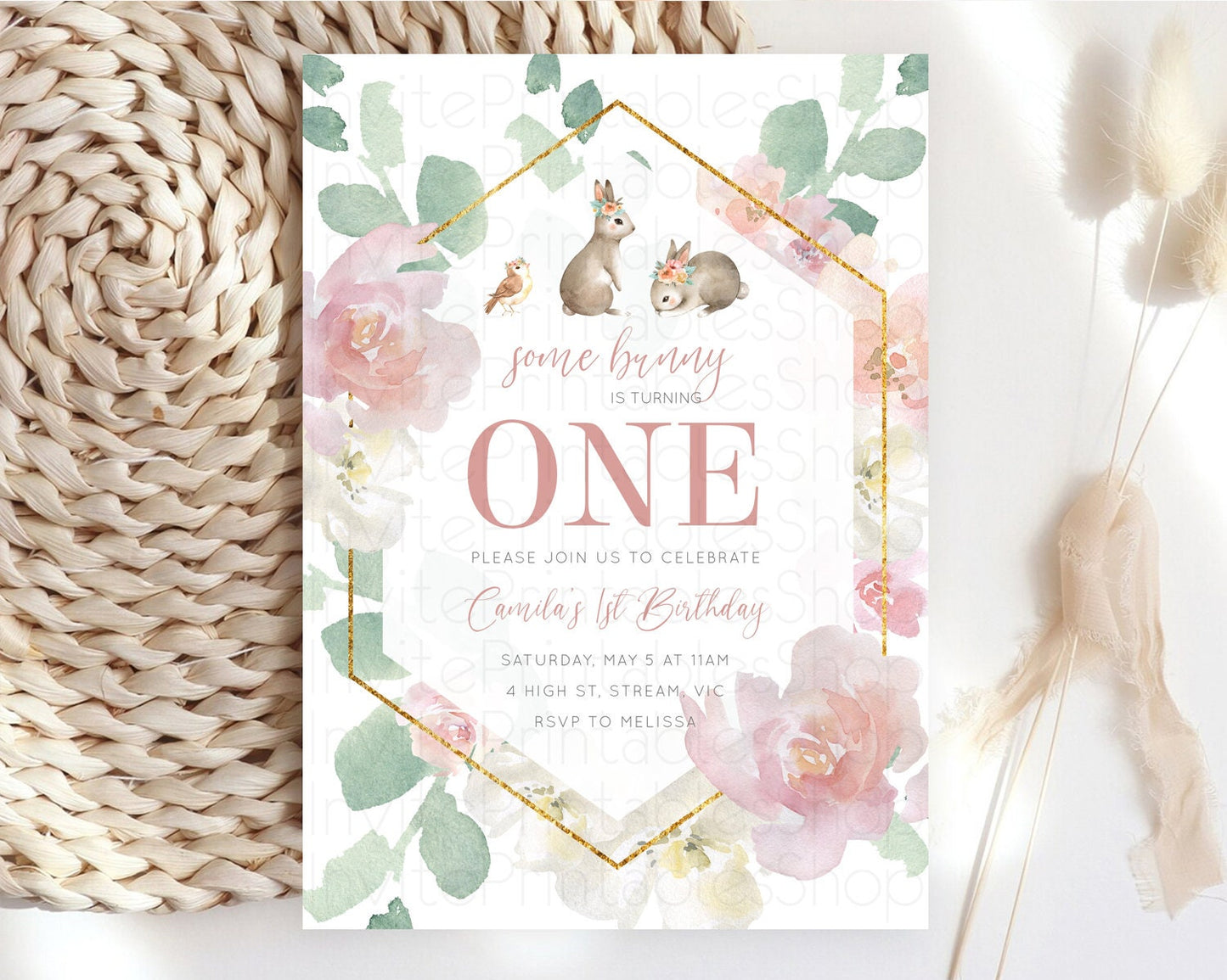 Bunny Birthday Invitation Floral Bunny Invitation Pastel Bunny Invites Pastel Watercolor Woodland Bunny Party 2nd 1st First Birthday D11034