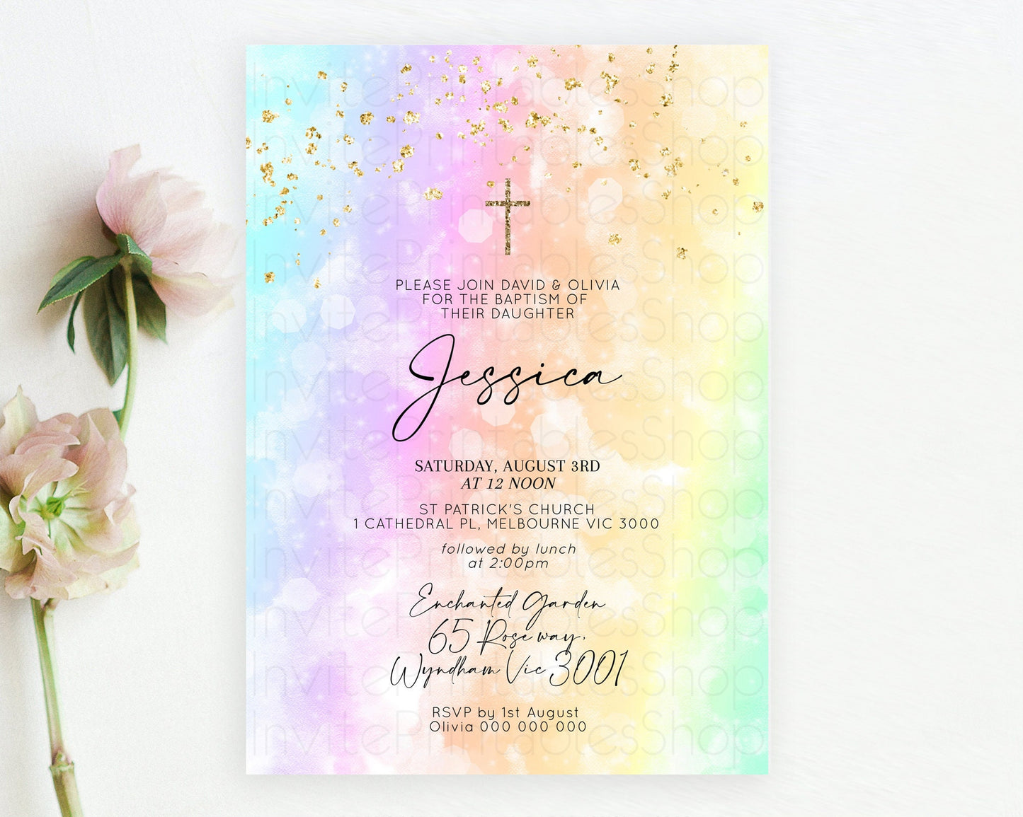 Pastel Baptism Invitation Pastel Colors Watercolor Baptism 1st Birthday Party Gold Ombre Pastel Rainbow Christening Holy Communion D10647