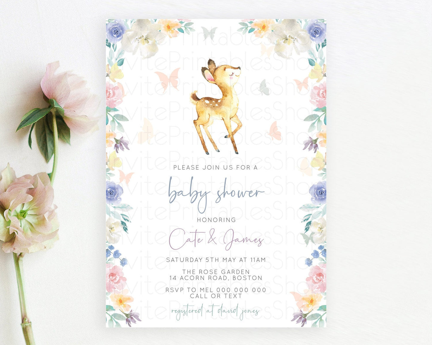 Enchanted Forest Baby Shower Invitation, Baby Fawn Invitation, Whimsical Deer, Butterfly, Secret Garden Theme Soft Pastel Flowers D11035