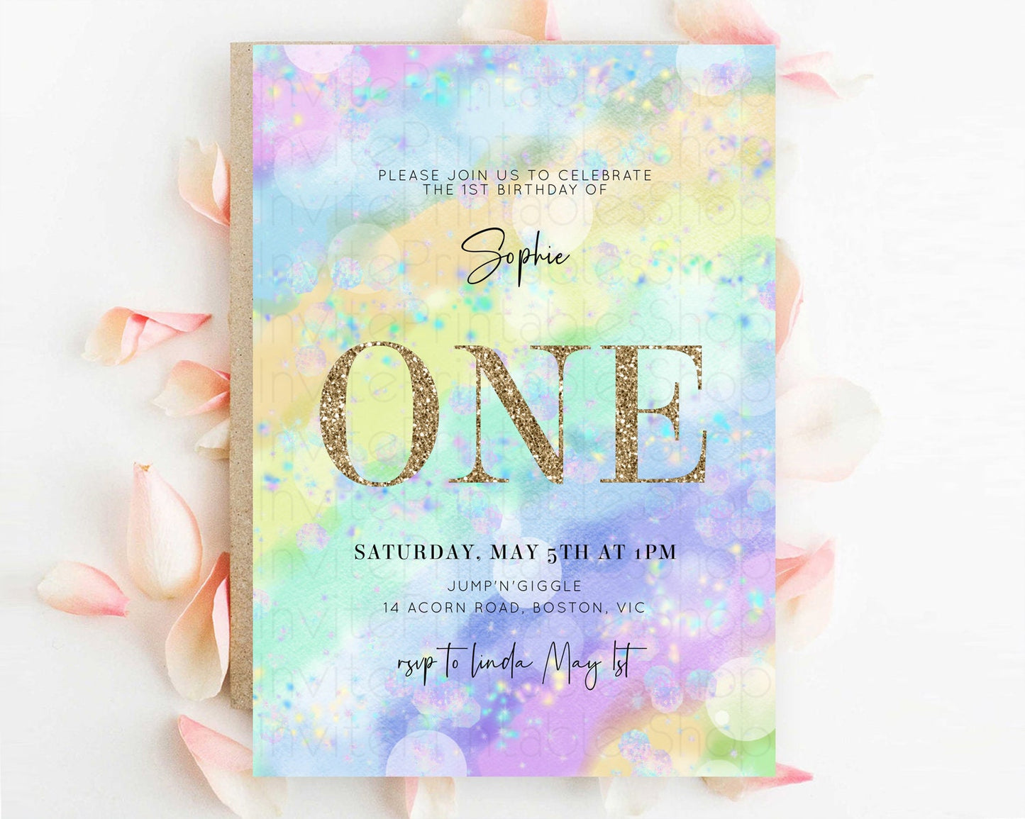 Rainbow Birthday Invitation Colorful Pastel Watercolor Invitation Gold Glitter Sprinkles Ombre Pastel 1st 2nd 3rd Birthday D10689