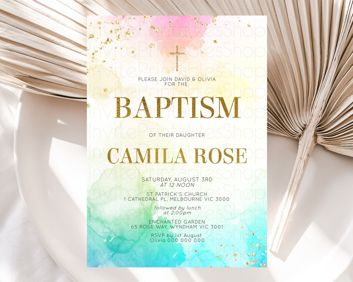 Pastel Baptism Invitation Pastel Colors Watercolor Baptism 1st Birthday Party Gold Ombre Pastel Rainbow Christening Holy Communion D10770