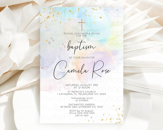 Pastel Baptism Invitation Pastel Colors Watercolor Baptism 1st Birthday Party Gold Ombre Pastel Rainbow Christening Holy Communion D10769