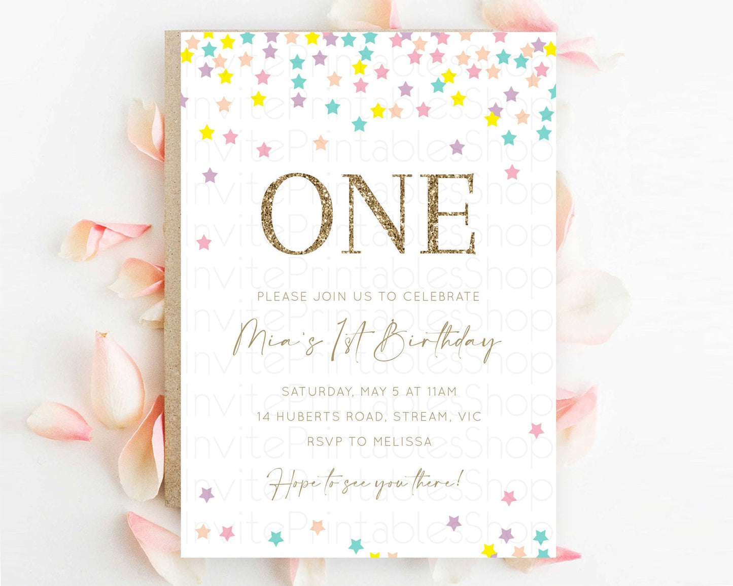 Star Birthday Invitation Pastel Stars Invite Shooting Star Party Rainbow Colorful Confetti Twinkle Little Star 2nd First Birthday D10601