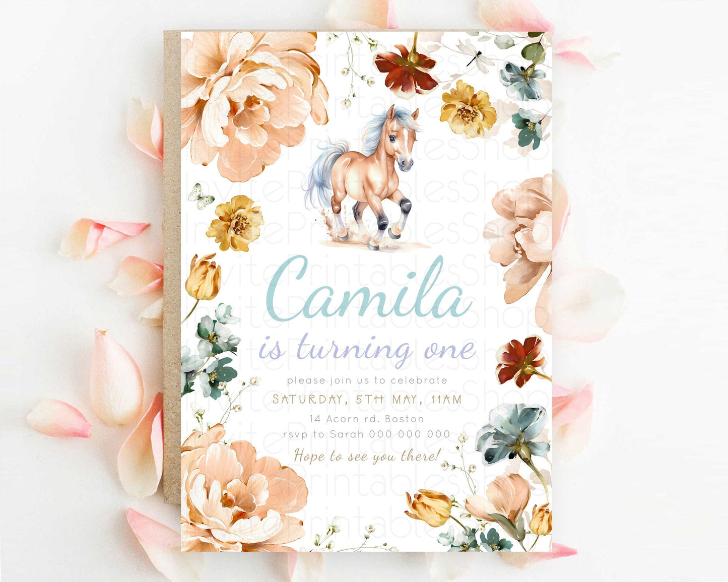 Horse Birthday Invitation, Galloping Wildflower Fields, Pastel Flowers, Butterflies, Flowers Accents for Equestrian & Cowgirls d23379