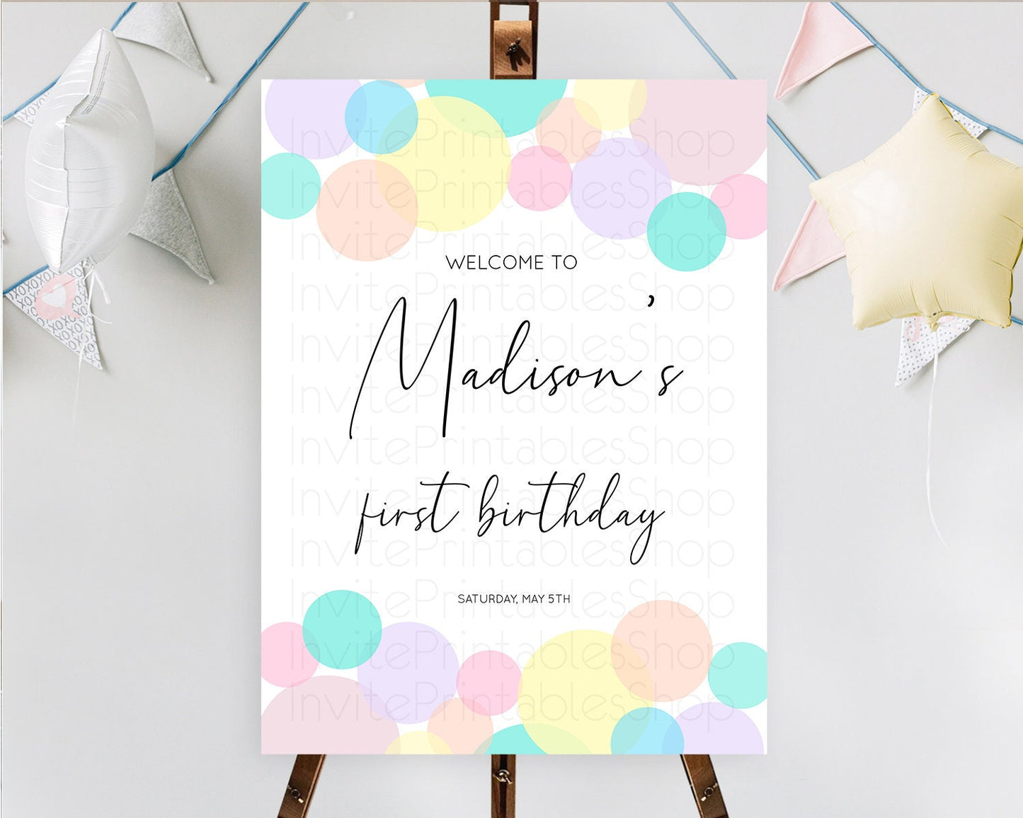 Rainbow Welcome Sign Pastel Welcome Board Pastel Rainbow Confetti Welcome Sign Colorful Bubbles Pastel First Birthday Welcome Sign D10784