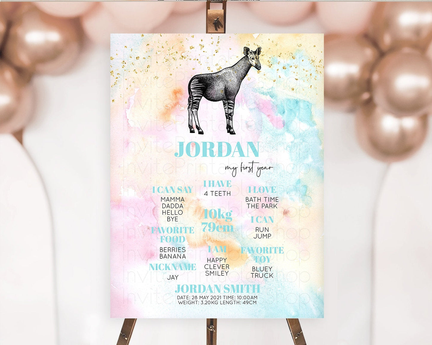 Pastel Okapi First Birthday Milestone Board Okapi Milestone Poster Colorful Rainbow Pastel Watercolor Okapi 1st Birthday Sign D10282