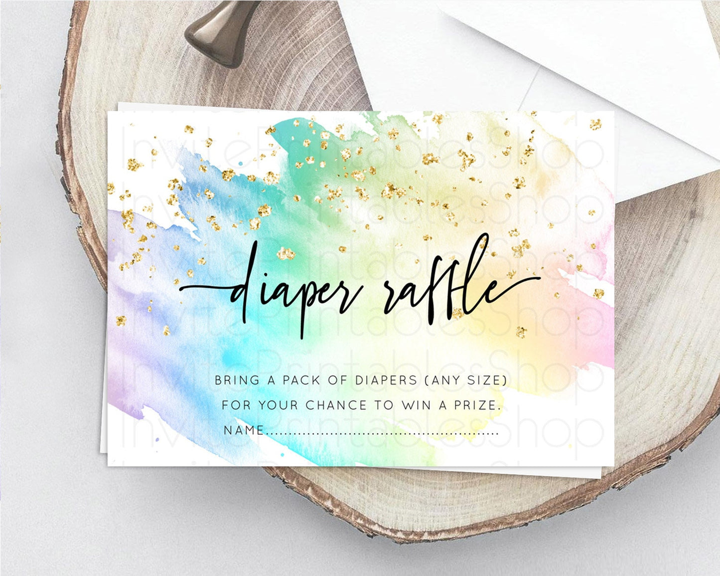 Pastel Diaper Raffle Card Pastel Rainbow Diaper Raffle Insert Colorful Ombre Watercolor Diaper Ticket Confetti Glitter Raffle Game D10256