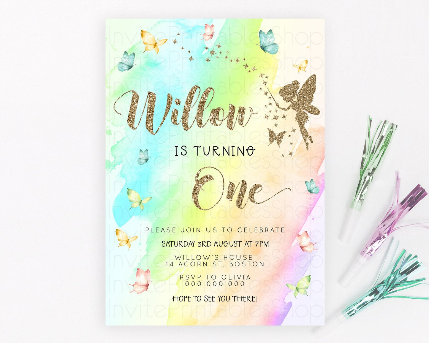 Pastel Fairy Birthday Invitation Pastel Butterflies Fairy Birthday Invitation Rainbow Ombre Watercolor 1st 2nd Birthday Invitation D23329