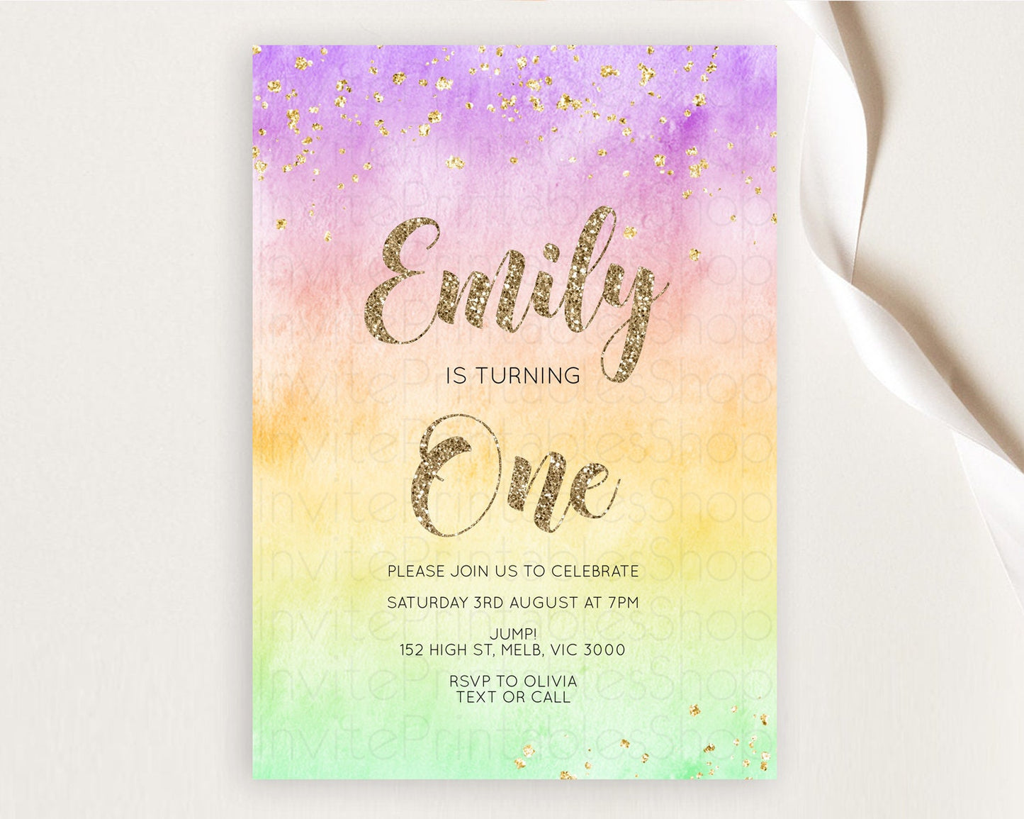 Rainbow Birthday Invitation Colorful Pastel Watercolor Invitation Gold Glitter Sprinkles Ombre Pastel 1st 2nd 3rd Birthday D10512