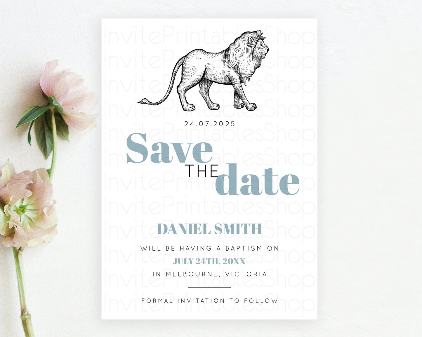 Lion Save The Date Template Lion Safari Adventure Party Dried Palm Ferns Zoo 1st Birthday Baptism Baby Shower Bridal Shower Wedding D10246