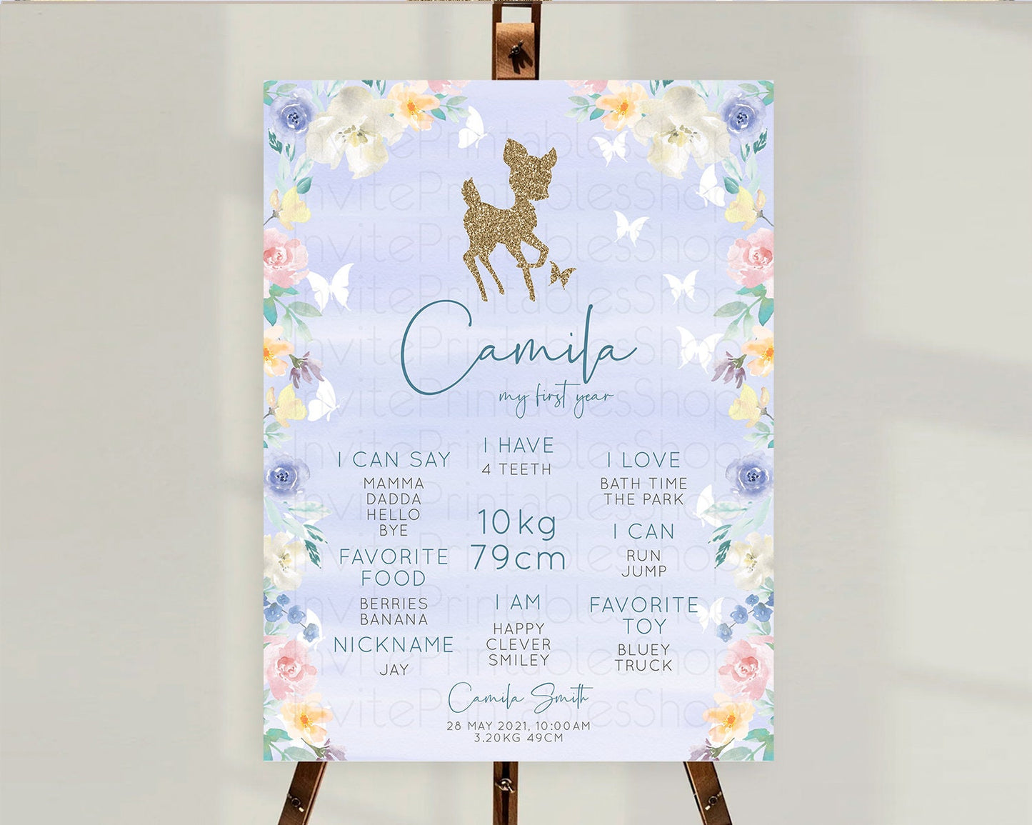 Fawn First Birthday Milestone Board Deer First Birthday Milestone Poster Enchanted Forest Butterfly Pastel Flowers 1st Birthday Sign D10879