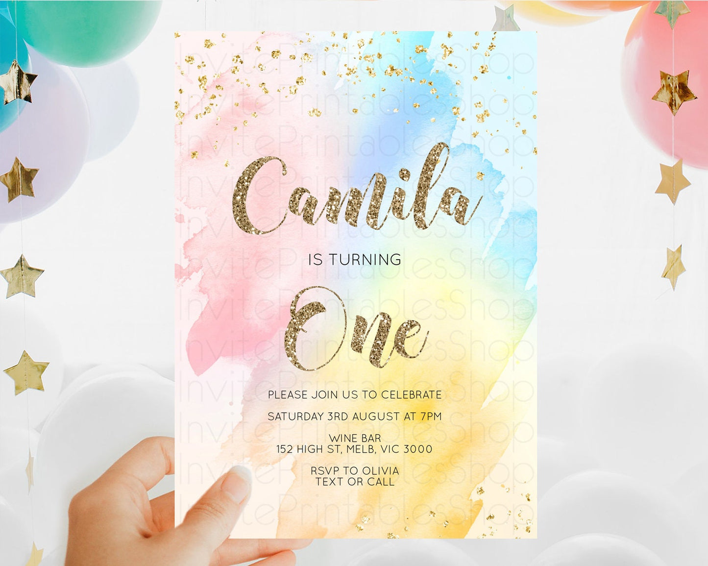 Rainbow Birthday Invitation Colorful Pastel Watercolor Invitation Gold Glitter Sprinkles Ombre Pastel 1st 2nd 3rd Birthday D10556