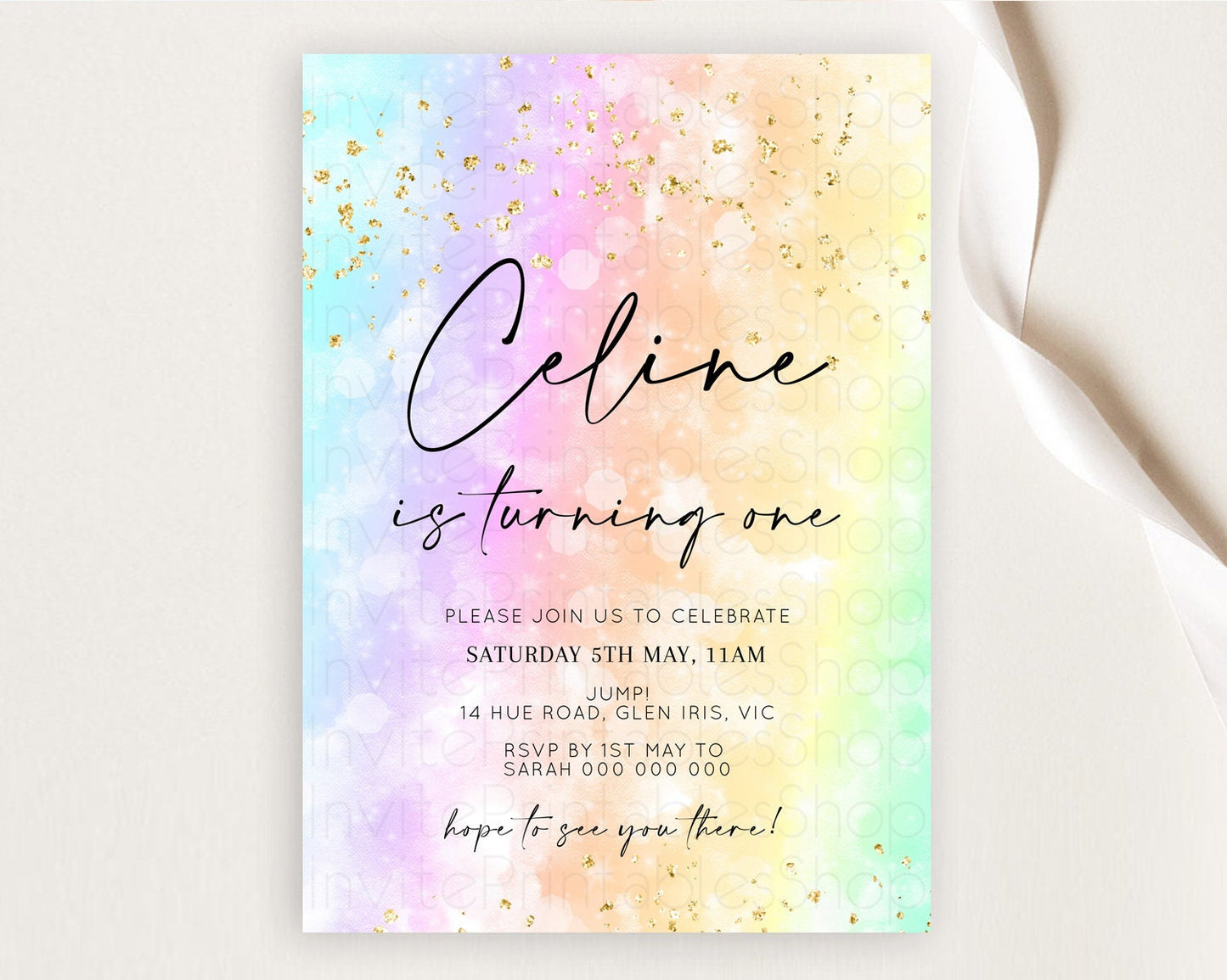 Rainbow Birthday Invitation Colorful Pastel Watercolor Invitation Gold Glitter Sprinkles Ombre Pastel 1st 2nd 3rd Birthday D10647