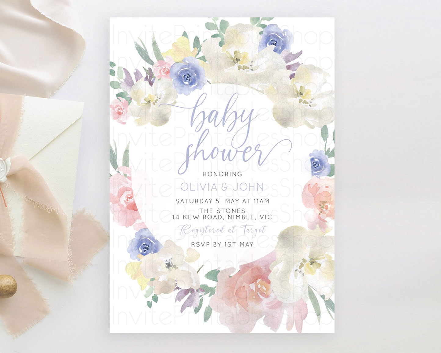 Wildflower Baby Shower Invitation, Secret Garden with Pastel Flowers, Botanical - Soft Organic Pink, Blue, and White Floral Theme D10841