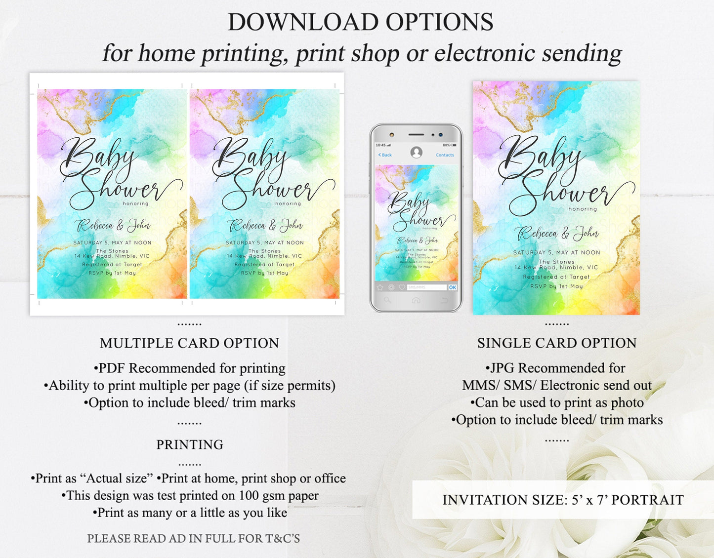Rainbow Baby Shower Invitation Gold Glitter Splash Ink Pastel Watercolor Colorful Blue Pink Purple Yellow Gender Neutral Editable D10390