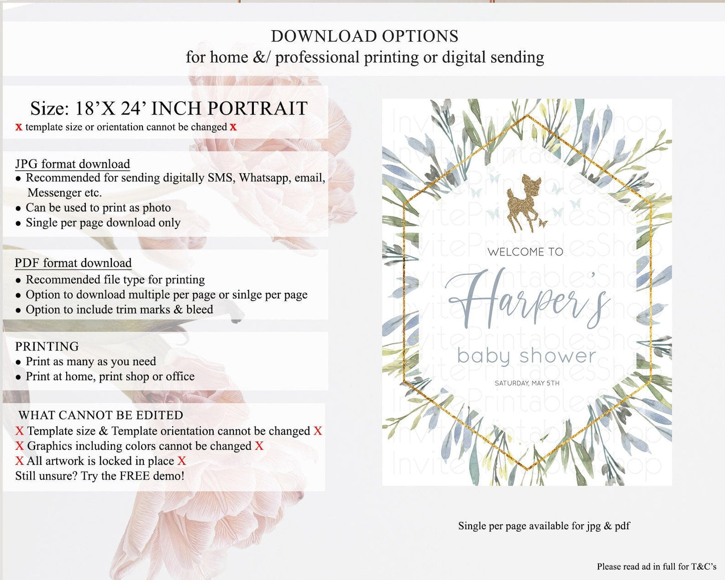 Fawn Baby Shower Welcome Sign Deer Welcome Board Floral Deer Welcome Poster Enchanted Forest Butterfly Pastel Floral Welcome Sign D10534
