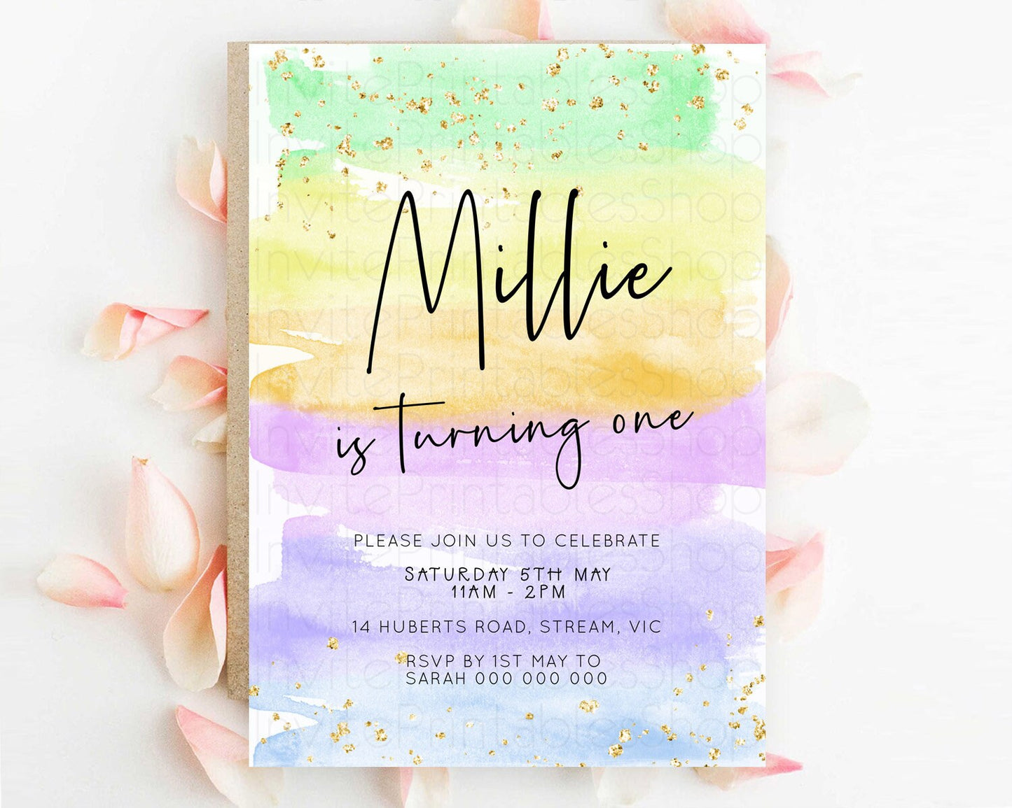 Pastel Birthday Invitation Ombre Watercolor Birthday Invitation Glitter Rainbow Color Splash 1st 2nd 3rd Birthday Invitation D23044