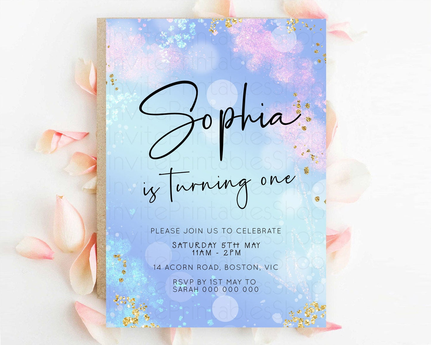 Blue Birthday Invitation Blue Watercolor Invitation Pastel Blue Watercolor Invitation Blue Splash Gold Invitation 1st First Birthday D23106