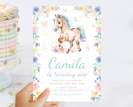 Horse Birthday Invitation, Galloping Wildflower Fields, Pastel Flowers, Butterflies, Flowers Accents for Equestrian & Cowgirls d23384