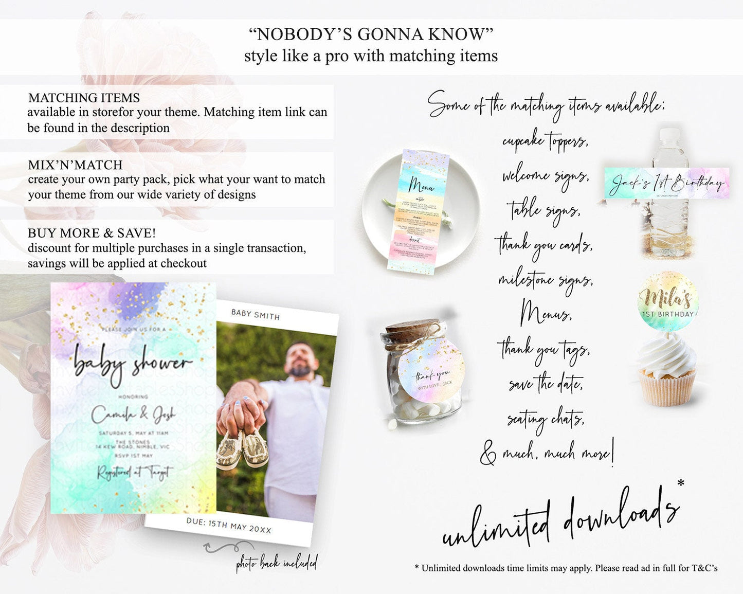 Pastel Rainbow Baby Shower Invitation, Colorful Watercolor Splash, Soft Pastel with Gold Glitter Sprinkles - Purple, Teal, Pink Ombre D10158