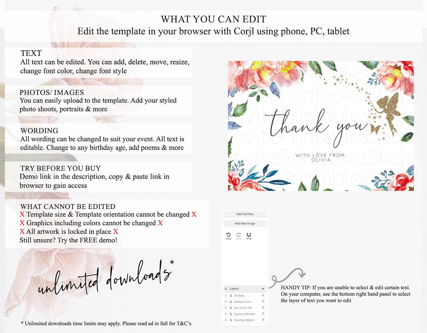 Fairy Thank You Fairy Thank You Card Enchanted Garden Pastel Butterfly Birthday Thank You Floral Secret Garden Teacher Thank You D10752