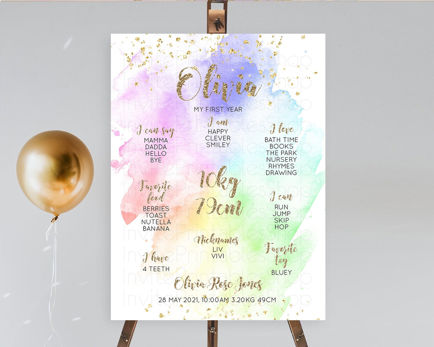 Pastel First Birthday Milestone Board Pastel Rainbow Milestone Poster Colorful Confetti Watercolor Glitter 1st Birthday Welcome Sign D10319
