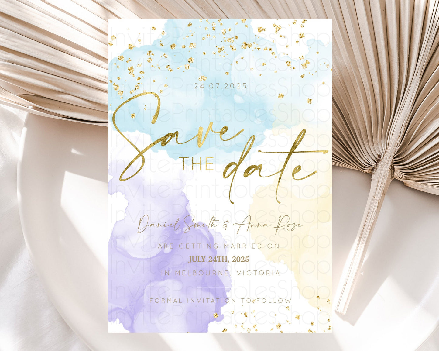 Pastel Save The Date Template Pastel Ombre Rainbow Watercolor Colorful Party For Birthday Baptism Baby Shower Wedding Bridal Shower D10206