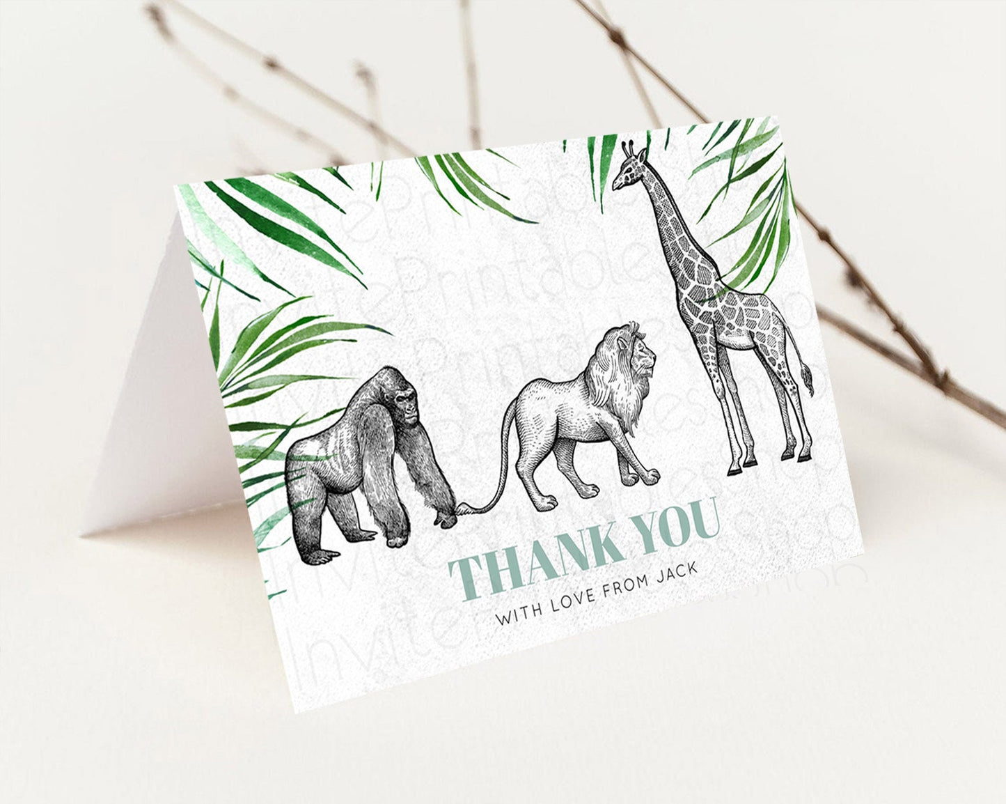 Safari Thank You Safari Thank You Cards Lion Gorilla Elephant Rhino Tropical Palm Zoo Birthday Thank You Safari Teacher Thank You D10853