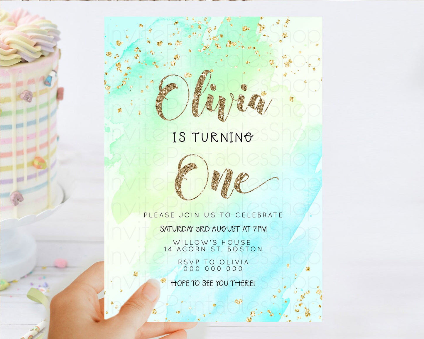 Green Birthday Invitation green Watercolor Invitation Pastel green Watercolor Invitation green Splash Gold Invitation First Birthday D23287