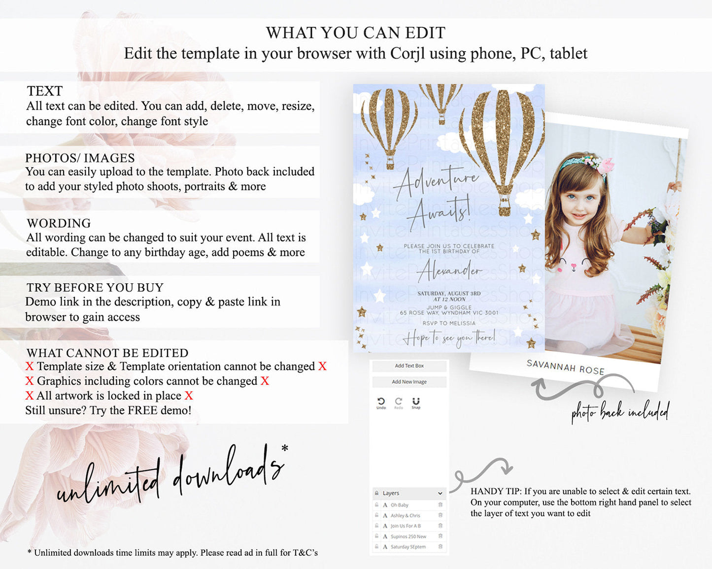 Hot Air Balloon Birthday Invitation Hot Air Balloon Invites Adventure Awaits Up Up & Away Glitter Blue Watercolor 1st Birthday Boy D10333