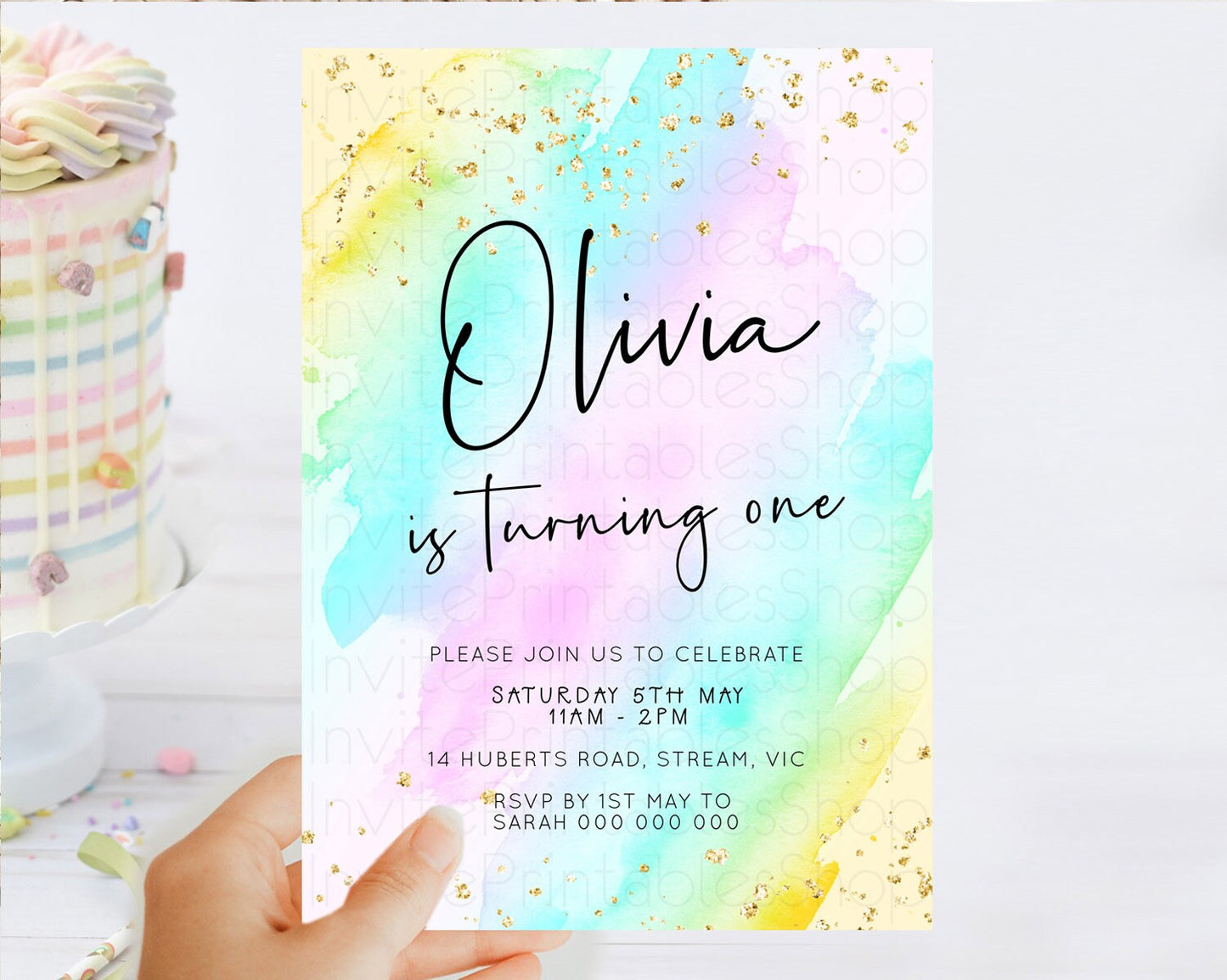 Pastel Birthday Invitation Ombre Watercolor Birthday Invitation Glitter Rainbow Color Splash 1st 2nd 3rd Birthday Invitation D23054