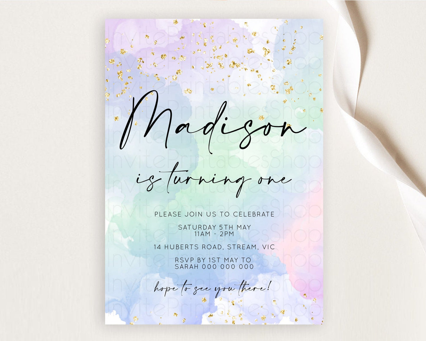 Rainbow Birthday Invitation Colorful Pastel Watercolor Invitation Gold Glitter Sprinkles Ombre Pastel 1st 2nd 3rd Birthday D10624