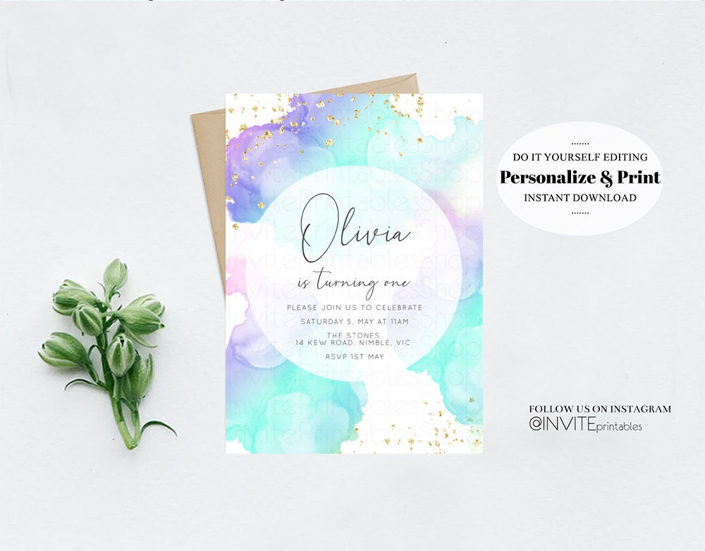 Pastel Rainbow Birthday Invitation Aqua Blue Purple Colorful Watercolor Splash Ombre Ink Paint Gold Glitter Custom Printable Invite