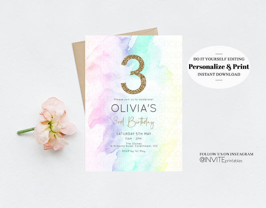 Pastel Rainbow Birthday Invitation Colorful Watercolor Splash Ombre Ink Paint Art Purple Pink Blue Yellow Modern Gold Printable Invite