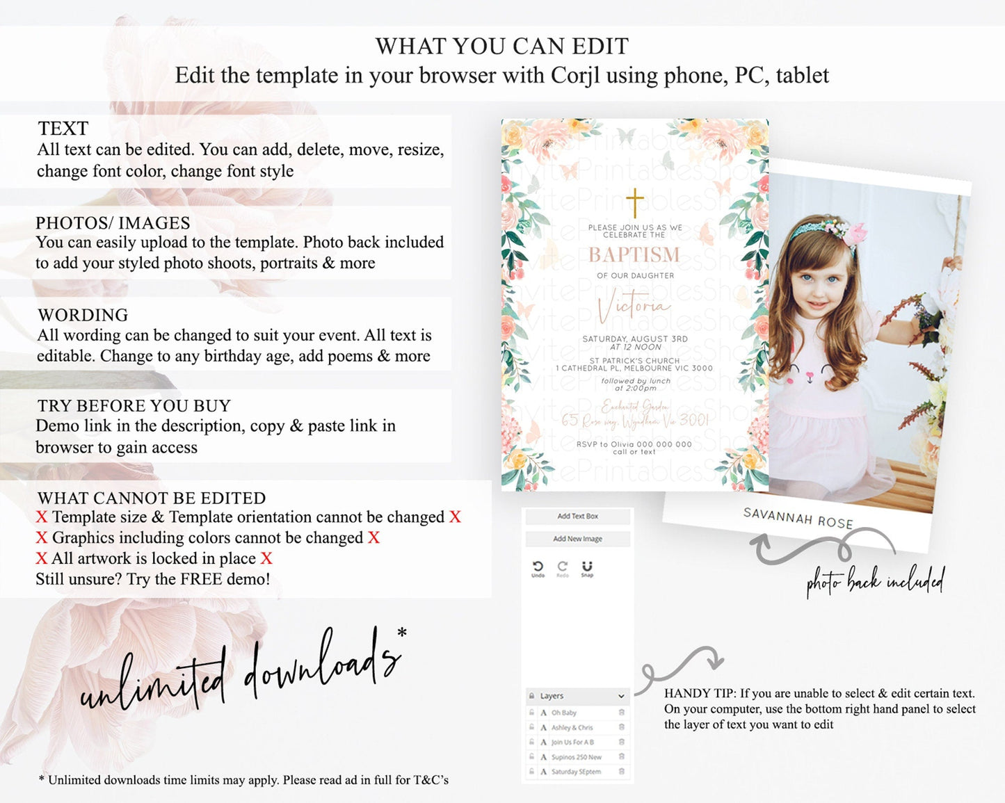 Secret Garden Baptism Invitation Wildflower Baptism Birthday Invite Pastel Flowers Christening Invite Enchanted Garden Boho Floral D10706