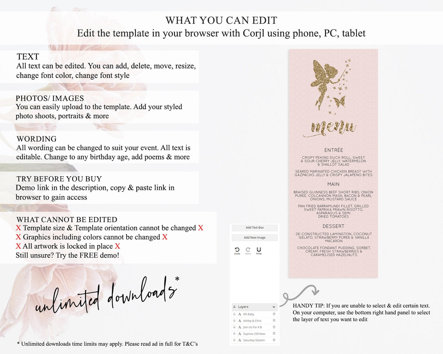 Fairy Menu Fairy Menu Template Enchanted Garden Pastel Floral Butterfly Table Decor Fairy Secret Garden Dinner Dessert Food Menu D10899