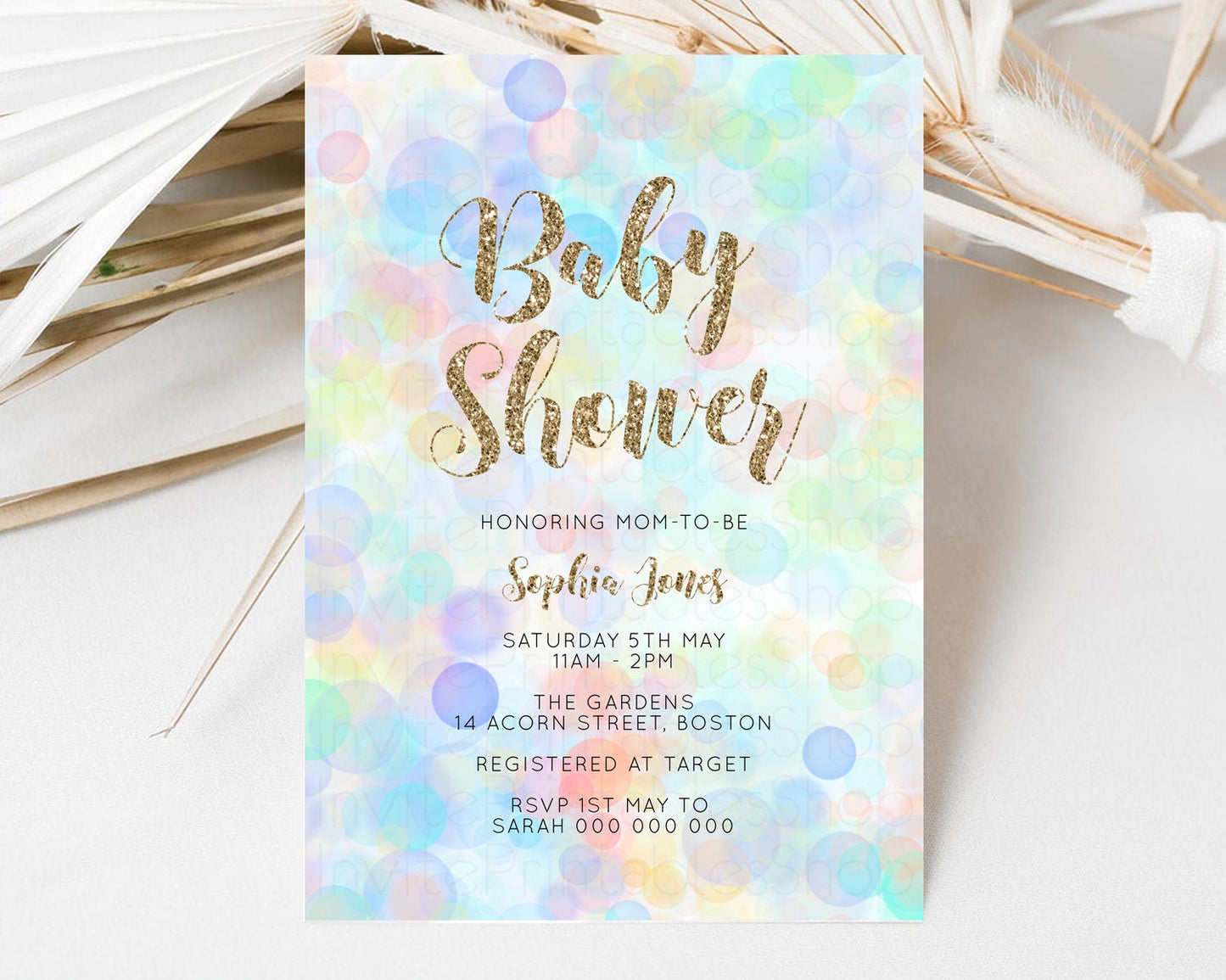 Rainbow Baby Shower Invitation Pastel Invite Colorful POP Invitation Confetti Sprinkles Invite Oh Baby Glitter Blue Pink Yellow Green G500