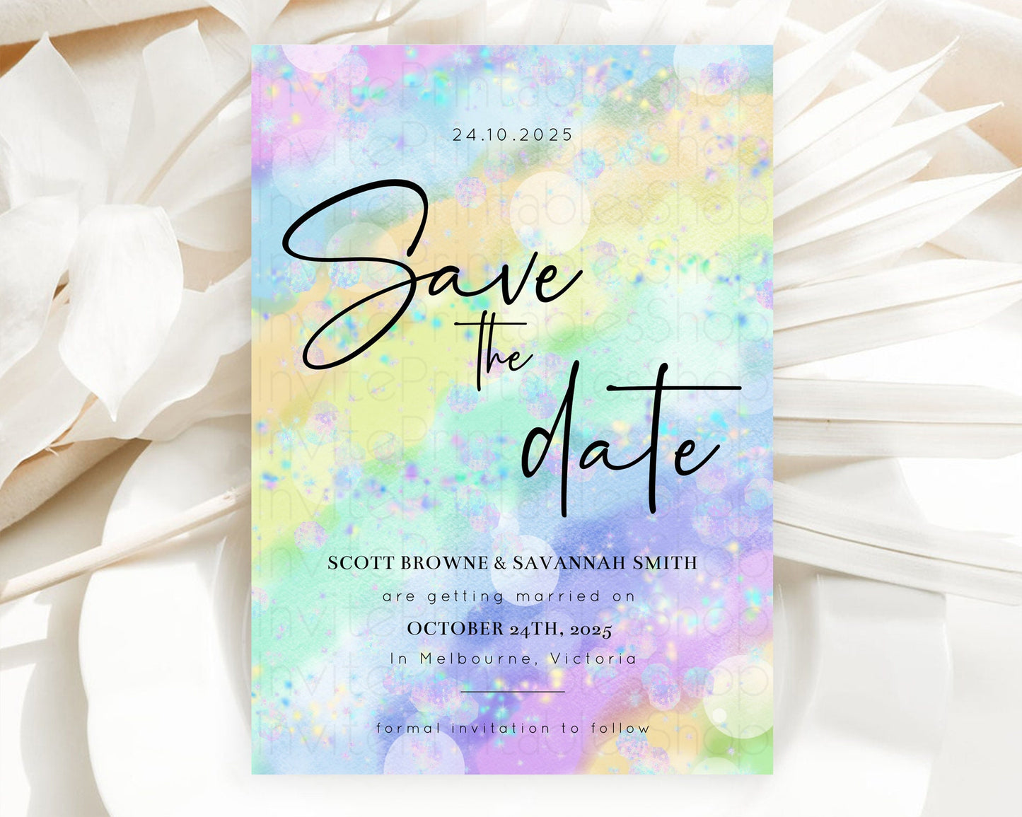 Colorful Save The Date Template Pastel Rainbow Watercolor Iridescent Ombre Party For 1st Birthday Baptism Baby Shower Bridal Shower D10689