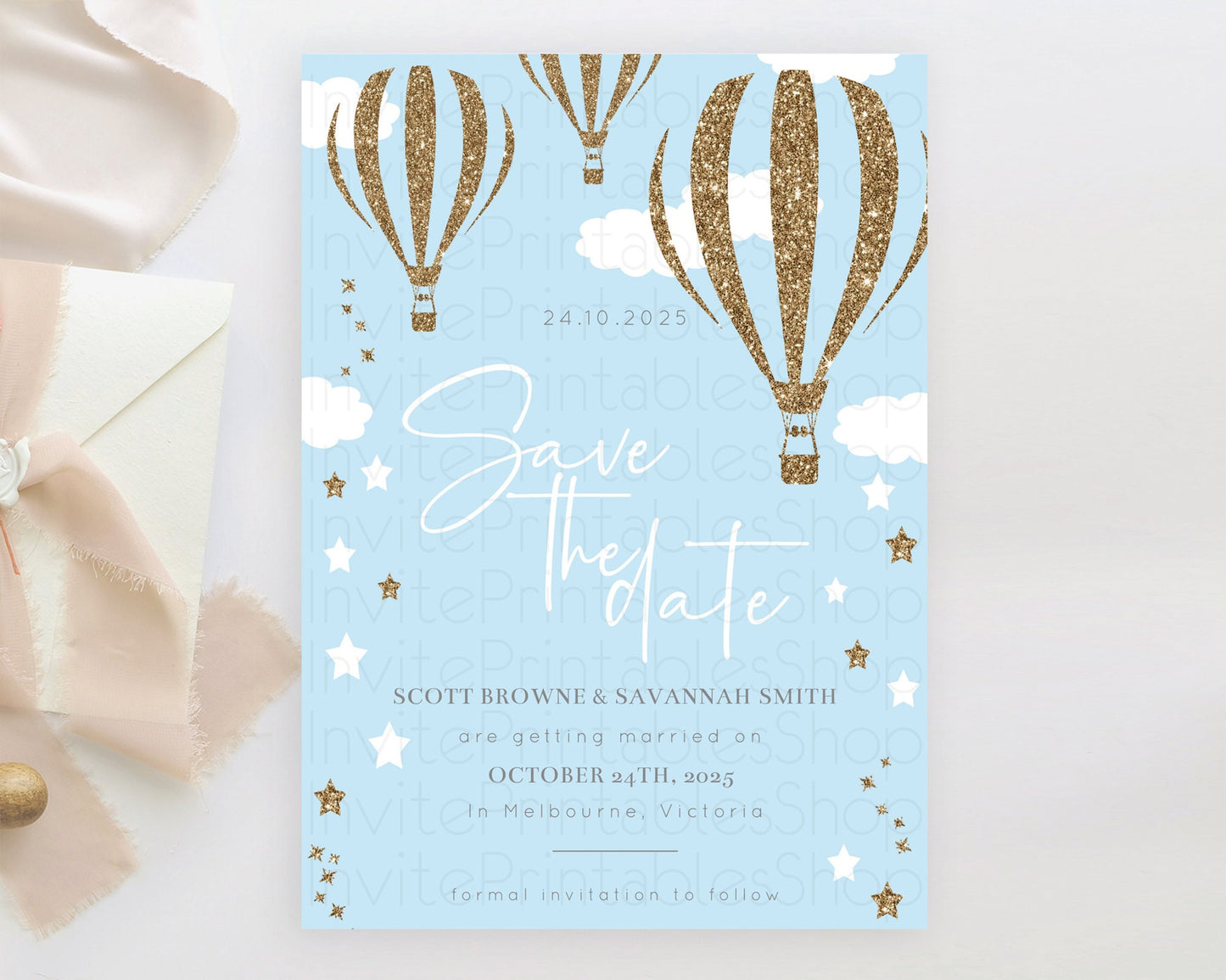 Hot Air Balloon Save The Date Template Adventure Awaits Mr. ONEderful Party 1st Birthday Baptism Baby Shower D10332