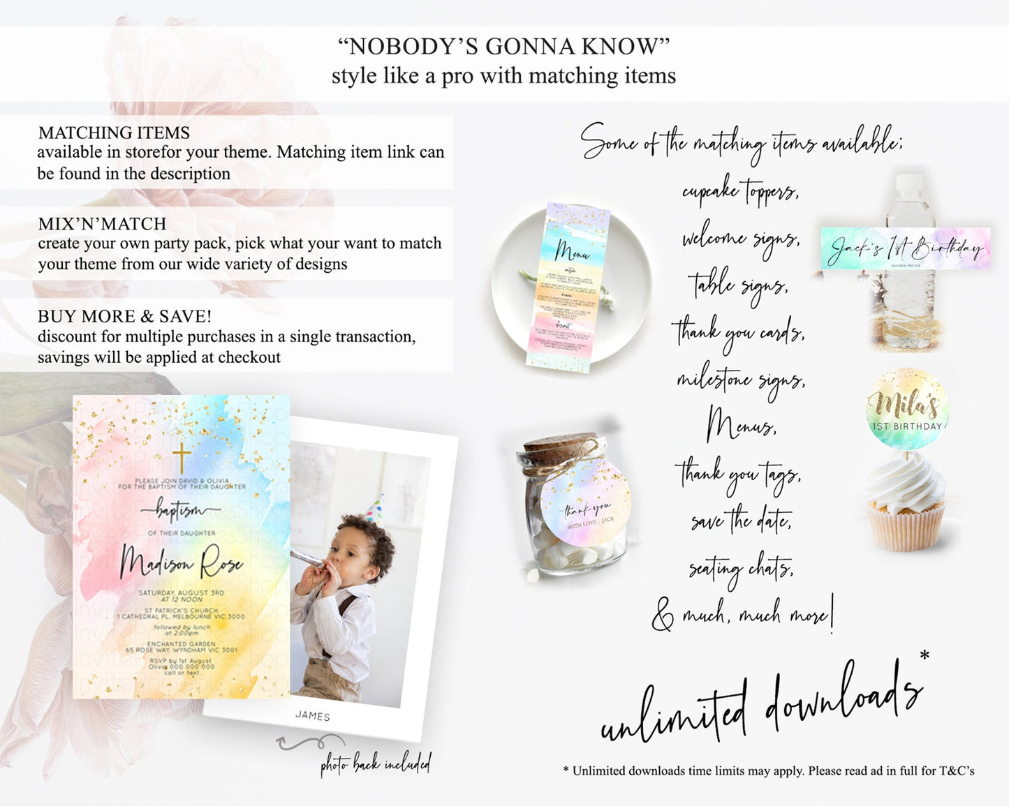 Pastel Baptism Invitation Pastel Colors Watercolor Baptism 1st Birthday Party Gold Ombre Pastel Rainbow Christening Holy Communion D10557