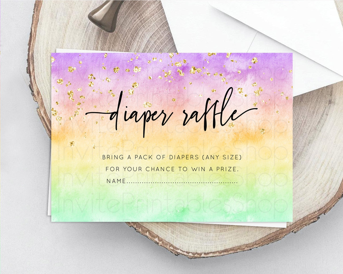 Pastel Diaper Raffle Card Pastel Rainbow Diaper Raffle Insert Colorful Ombre Watercolor Diaper Ticket Confetti Glitter Raffle Game D10514