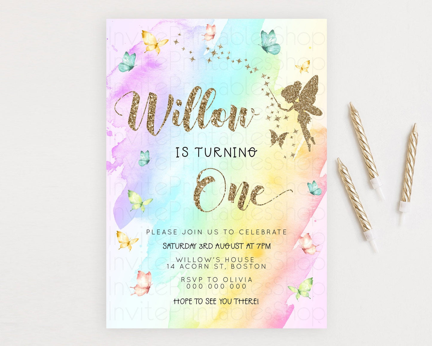 Pastel Fairy Birthday Invitation Pastel Butterflies Fairy Birthday Invitation Rainbow Ombre Watercolor 1st 2nd Birthday Invitation D23333