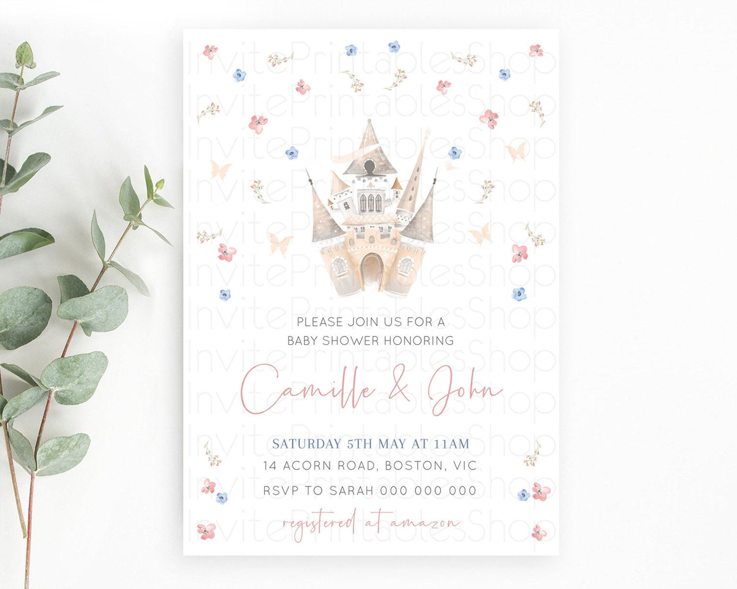 Pastel Princess Baby Shower Invitation Floral Castle Invitation Royal Baby Invite Enchanted Castle Pastel Flower Garden Baby Shower D10364