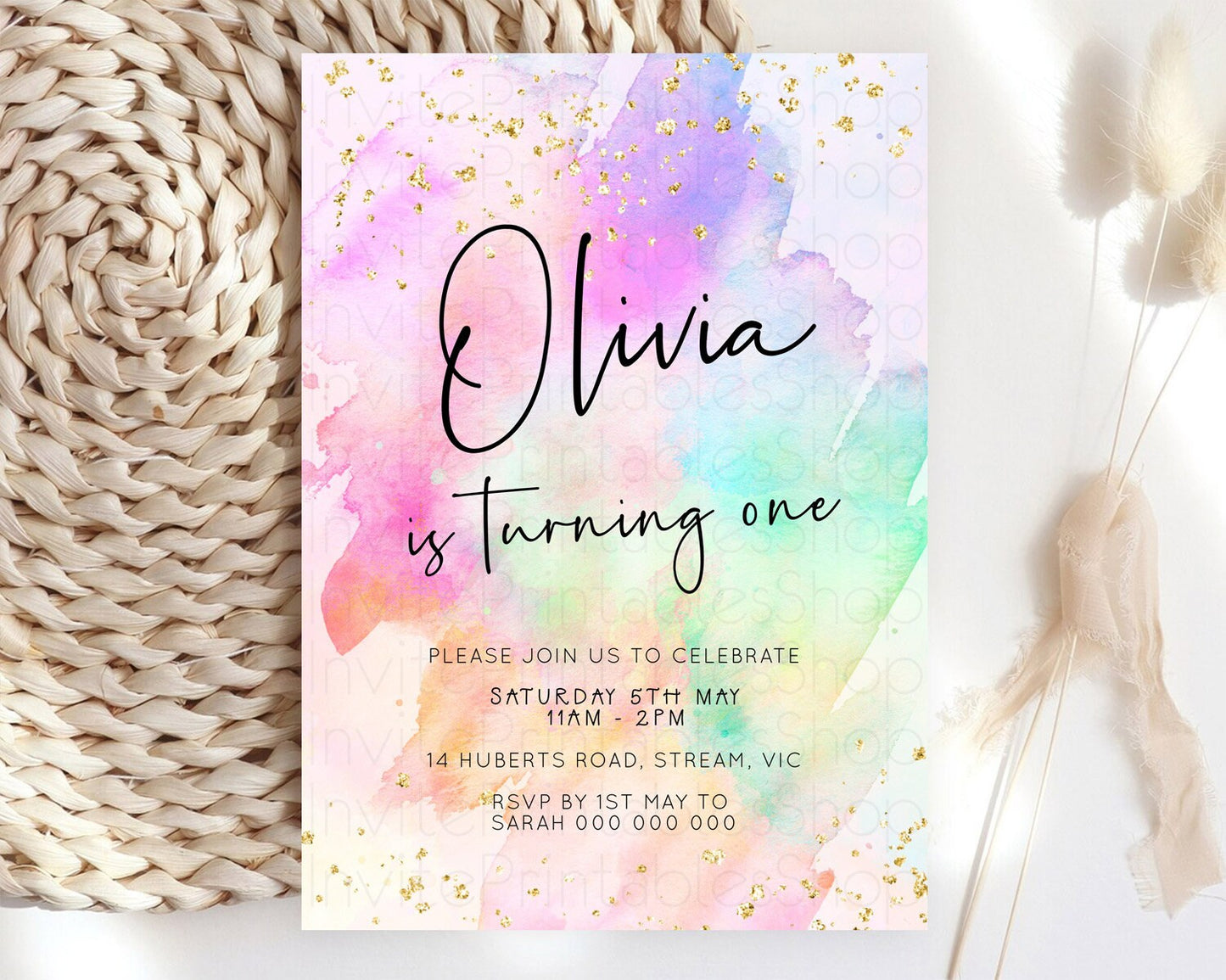 Pastel Birthday Invitation Ombre Watercolor Birthday Invitation Glitter Rainbow Color Splash 1st 2nd 3rd Birthday Invitation D23059